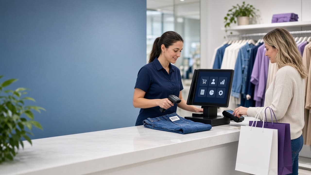 Retail employee using a modern POS at a fashion store checkout counter