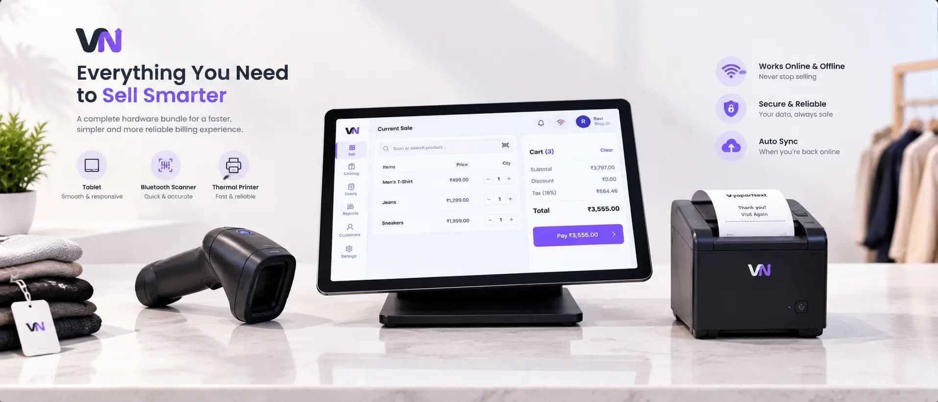 VyaparNext hardware bundle: tablet, barcode scanner, and thermal printer