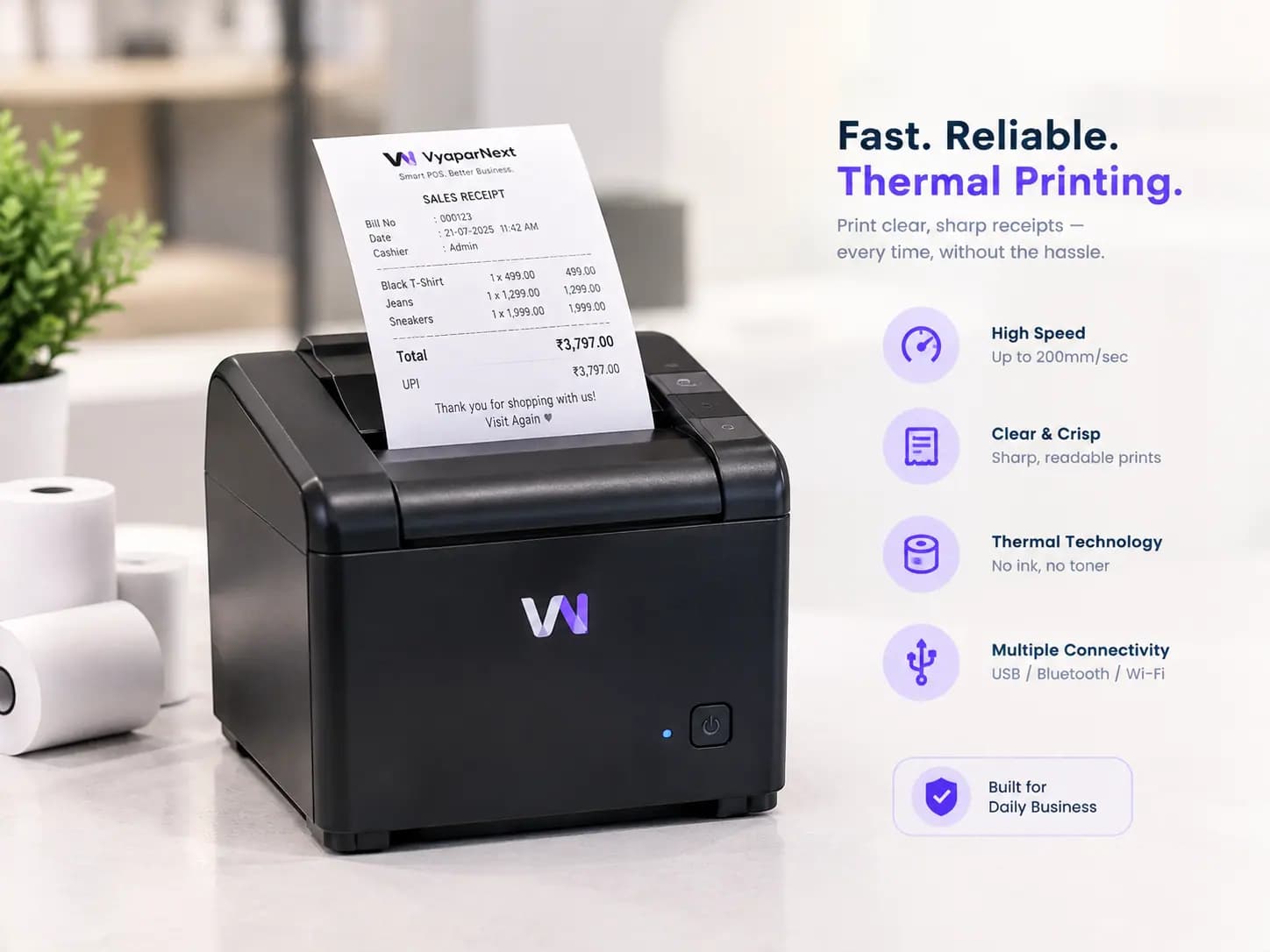 VyaparNext thermal printer printing a branded sales receipt
