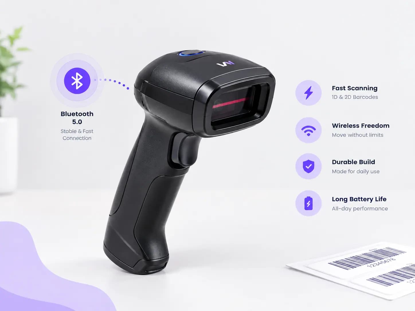 Wireless barcode scanner with Bluetooth and scan features