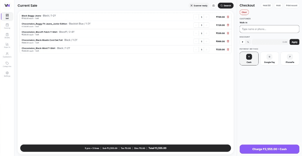 VyaparNext billing screen with current sale cart and checkout
