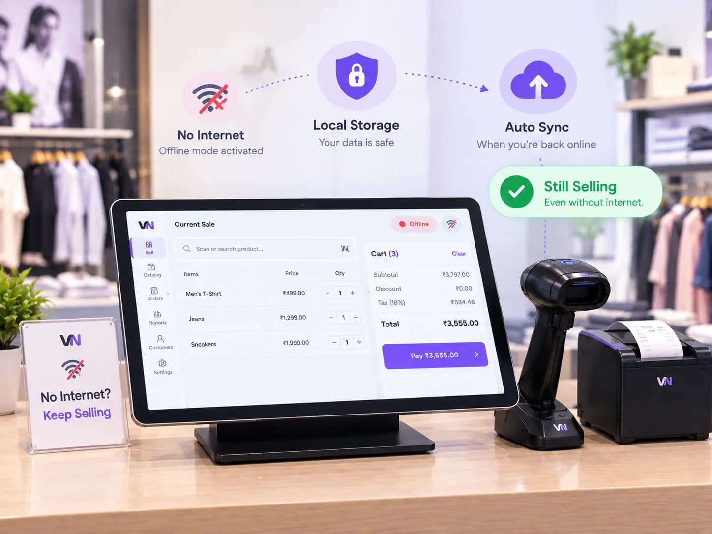 VyaparNext tablet POS in offline mode with scanner and receipt printer